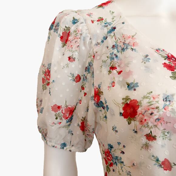 NWT COLLECTIVE CONCEPTS Sheer Floral V-Neck Wrap Mini Dress (White | Size S) - Picture 10 of 14